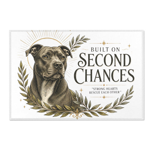 A rectangular white mat or sign with a printed illustration of a pitbull-type dog surrounded by olive branches and the text 'BUILT ON SECOND CHANCES' and 'STRONG HEARTS RESCUE EACH OTHER'.